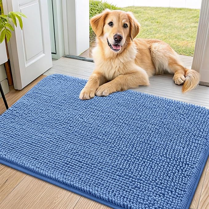 Smiry Dog Door Mat for Muddy Paws 36x24, Absorbs Moisture and Dirt Doormat, Non-Slip Washable Quick Dry Chenille Front Door Mat Indoor Entrance, Entryway Carpet for Inside Floor, Cornflower Blue