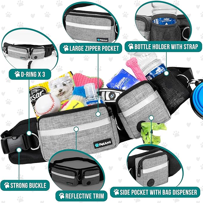 PetAmi Hands Free Dog Leash, Dog Running Leash Belt Bag for Walking, Jogging, Waist Double Zipper Pouch with Poop Bag Dispenser, Dual Padded Handle Reflective Leash, Single, Heather Grey, 1 Leash