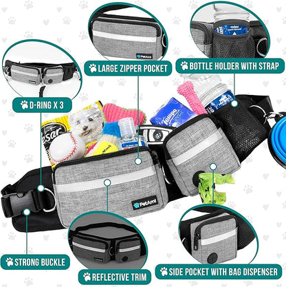 PetAmi Hands Free Dog Leash, Dog Running Leash Belt Bag for Walking, Jogging, Waist Double Zipper Pouch with Poop Bag Dispenser, Dual Padded Handle Reflective Leash, Single, Heather Grey, 1 Leash