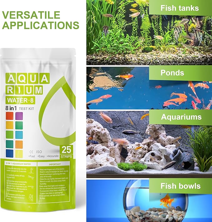 AAwipes Aquarium Ammonia Test Strips 8-in-1 |250 Strips Bag Packs| Quick & Accurate Water Testing Test pH, Carbonate, Alkalinity, Hardness, Chlorine, Nitrite, etc. (K02-250)