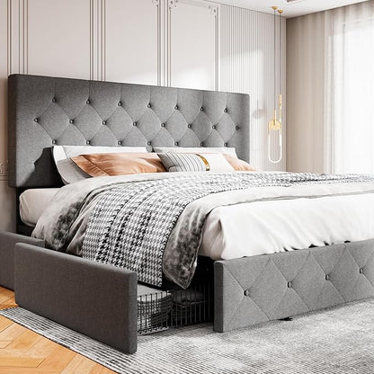 MUTICOR King Size Bed Frame with 4 Storage Drawers, Upholstered Platform Bed with Button Tufted Adjustable Headboard, No Box Spring Needed, Easy Assembly, Diamond Tufted, Light Grey Fabric