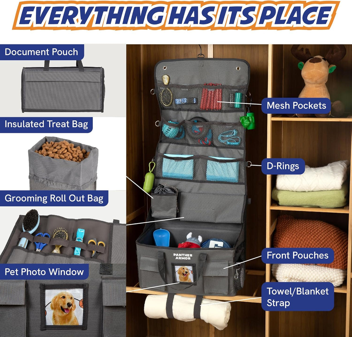 Panther Armor Dog Travel Bag- Hanging Dog Organizer & Pet Storage Tote Bag for Supplies,mWaterproof Door Storage & Closet Organizer, Food & Treat Container for Travel Accessories