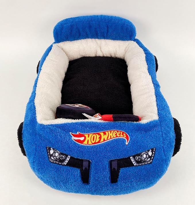 Hot Wheels Plush Car Pet Bed – Themed Blue Car Design for Dogs and Cats with Toy Steering Wheel and Tire