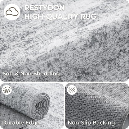 3x12 Runner Rug for Hallway, Non-Slip Long Bathroom Rugs Runner for Kitchen, Bedroom, Soft Vintage Abstract Washable Rug for Entryway, Thin Floor Mat for Dining Room(3'x12', Grey/Ivory)