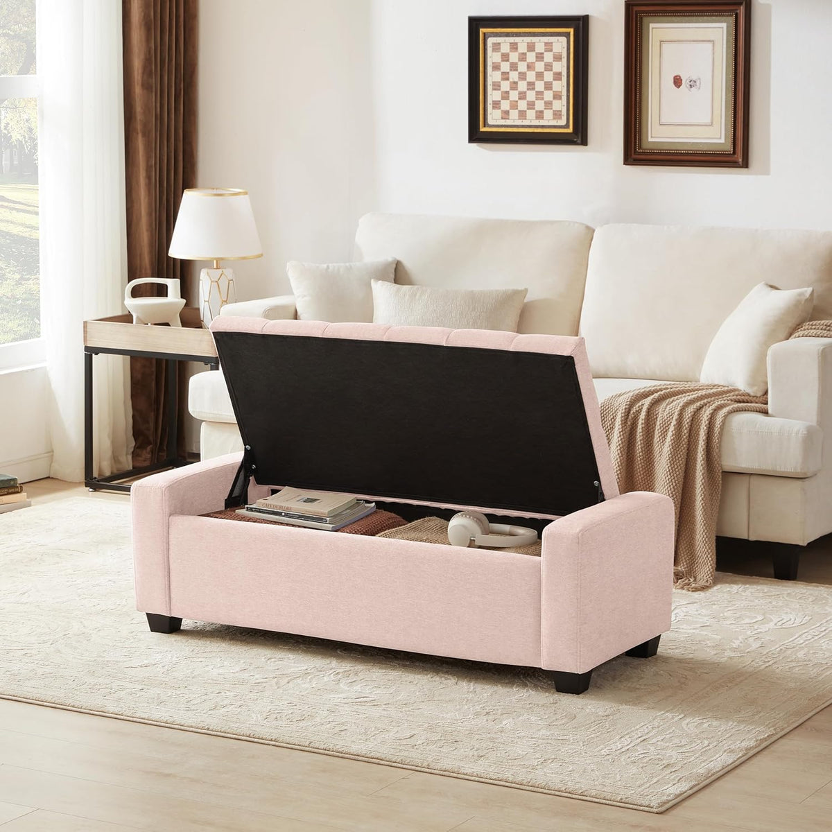48" Ottoman with Storage, Pink Storage Ottoman Bench with Safety Hinge, Upholstered Entryway Bench with Seating for Bedroom, Living Room, Holds up to 330 lb