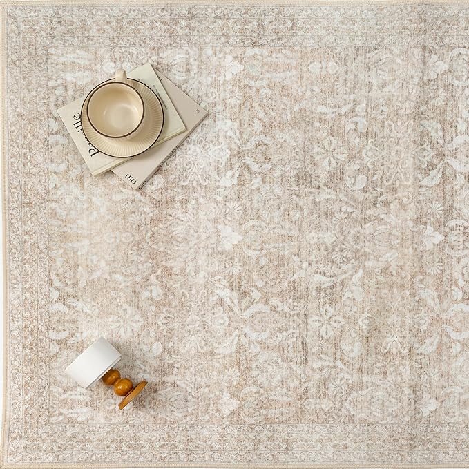2x8 Runner Rug Washable Beige Vintage Hallway Kitchen Carpet Indoor Non Slip Small Low Plie Thin Bedroom Bathroom Rug Retro Accent Throw Dining Living Room
