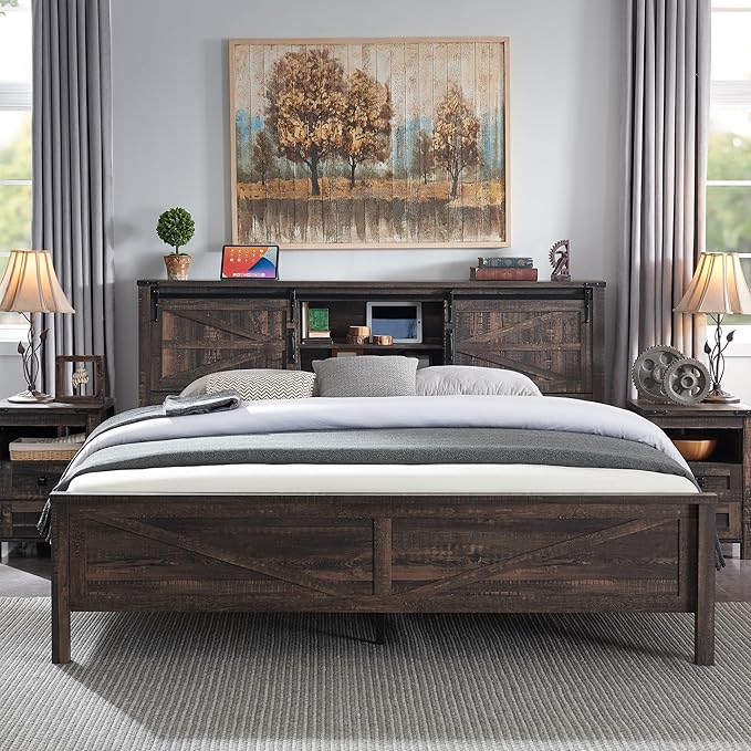 T4TREAM Farmhouse King Size Bed Frame w/Storage Bookcase Headboard, Sliding Barn Door, Charging Station, Rustic Wood Platform Bed w/Wood Slats Support, No Box Spring Needed, Dark Rustic Oak