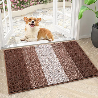 Smiry Dog Door Mat for Muddy Paws, Absorbs Moisture and Dirt, Low-Profile Entryway Mat with Non-Slip Backing, Entry Indoor Outdoor Doormat for Inside Floor (24x16 Inches, Brown, Striped)