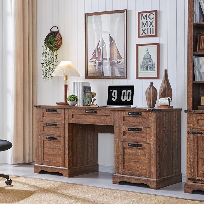 RedLemon 60" Farmhouse Executive Desk with Drawers, Wood Home Office Desk w/Charging Station, Keyboard Tray, File Drawer, Storage Cabinet, Rustic Computer Writing Desk (Reclaimed Barnwood)