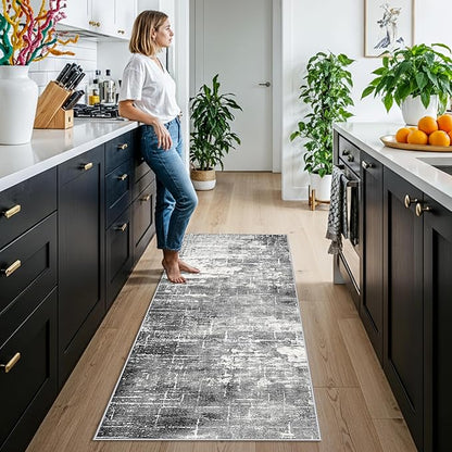2x6 Abstract Kitchen Runner Rug - Washable Non-Slip Hallway Bedroom Carpet Low Pile Laundry Entryway Rugs with Non Slip Rubber Backing Modern Home Decor Mat for Dining Room Bathroom (2x6 Black/Grey)