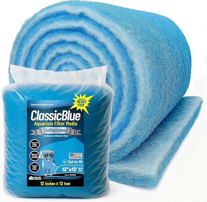 Aquatic Experts Classic Bonded Aquarium Filter Pad -12 Inches by 12 Feet by .75 Inch - Blue and White Filter Media Pad Bulk - Replacement Filter Rolls of Prefilter Floss - Made in USA