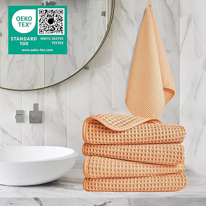POLYTE 430 GSM Microfiber Lint Free Hand Towel, 16 x 30 in, 4 Pack (Waffle Weave)