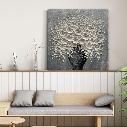 100% Hand-Painted White Flower Art Oil Painting, Modern Home Furnishing Canvas Painting Decoration, 3D Abstract Mural Painting,24x24 inch Frame Wall Art Hanging