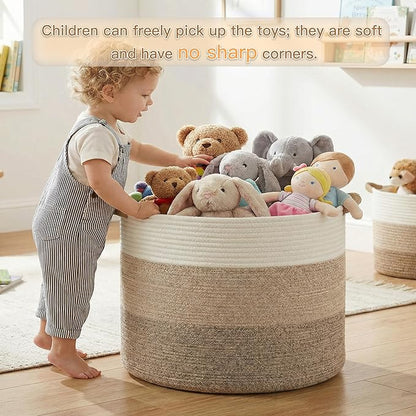 100L Large Cotton Rope Basket, Decorative Woven Blanket Storage for Living Room, Boho Toy Storage & Toy Box for Kids, Versatile Laundry Basket & Nursery Hamper for Blankets(BrownYellow)