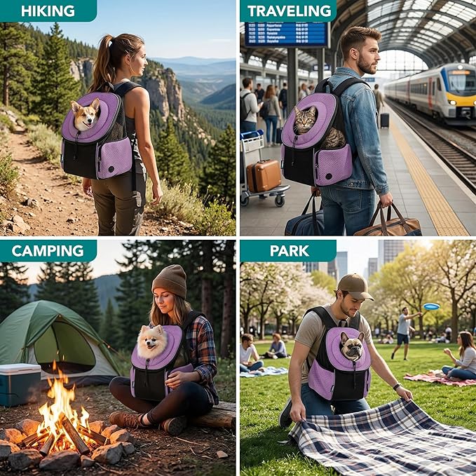 PetAmi Adjustable Cat & Dog Front Chest Carrier Backpack, Ventilated for Hiking & Camping, Max 10 lbs, Purple