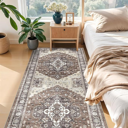 4x10 Wide Hallway Runner Rug: Vintage Washable Soft Rugs for Living Room Bedroom Water Resistant Carpet with Non-Slip Backing for Entry Kitchen Dining Room Thin Nursery Bathroom Floor Mat(Brown,4x10)