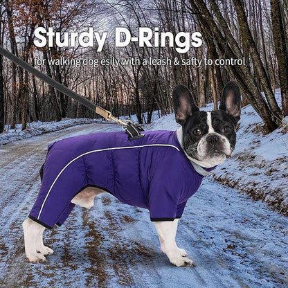 Four Legged Dog Winter Coat for Small Dogs, Warm Puppy Onesie Clothes Christmas, Reflective Turtleneck Dog Jacket with Buckles & D-Rings, Puffer Cold Weather Coat Zipper