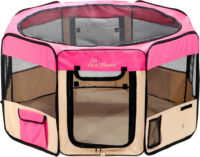 Pawer 45”×24” 8-Panel Foldable Pet Playpen, Hot Pink+Beige, Personalize Embroidery Extra Fabric Piece Available, for Cat/Dog/Puppy, 600D Oxford Cloth Portable Indoor & Outdoor Kennel with Carry Bag