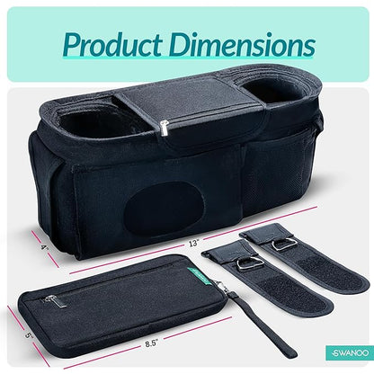 Swanoo Stroller Caddy Organizer With Cup Holder, Non Slip Straps Bag for Phone, Pet Stroller Accessories, Universal Fits Uppababby Vista v2 Wonderfold Wagon, Doona and More