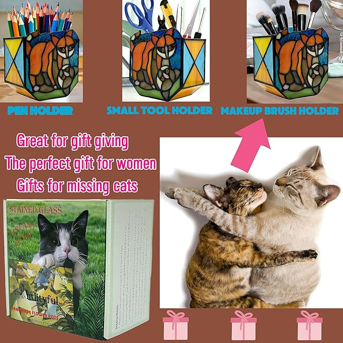 Stained Glass Naughty Cat Planter, Indoor Plant Pots with Drain,Handmade Tiffany Style,Small Candle Holder Decor,Plant Lover Gifts for Women,Gifts for Cat Lovers
