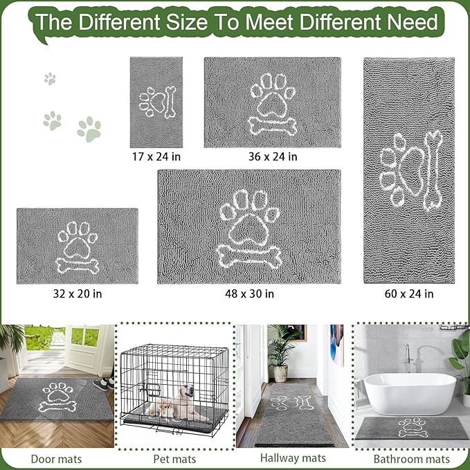 AROGAN Indoor Doormat, Front Door Mat 60"x24" Absorbent Rubber Backing Non Slip Door Mats, Machine Washable Chenille Door Mat for Muddy Shoes and Dog Paws Low Profile Rugs for Entryway, Grey