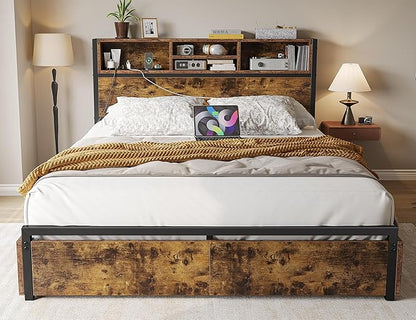 EnHomee Full Size Bed Frame with 6 Storage Drawers Full Bed Frame with Headboard, with Charging Station, No Noise, No Box Springs Needed, Vintage Brown