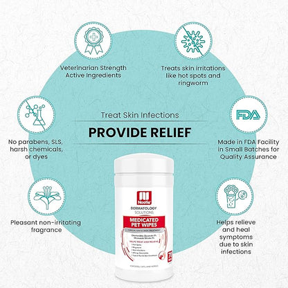 Nootie Medicated Dog Wipes, 2% Chlorhexidine and 2% Miconazole Formulated Pet Wipes for Dogs and Cats - 5"x 6" Size XL Wipes - 70 Count - Sold in Over 10,000 Vet Clinics and Pet Stores Worldwide