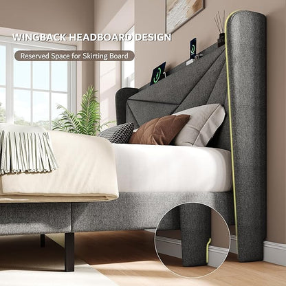iPormis Full Size Bed Frame with Charging Station, Linen Platform Bed Frame with Wingback Headboard Upholstered Bedframe, Solid Wood Slats Support, No Box Spring Needed, Easy Assembly, Dark Grey