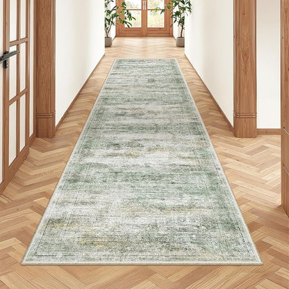 Rug Runners for Hallways Non Slip - 2x8 Runner Rug for Bedroom, Washable Runner with Rubber Backing, Soft Low-Pile Carpet for Kitchen, Laundry, Bathroom (2'x8', Green/Yellow/Ivory)