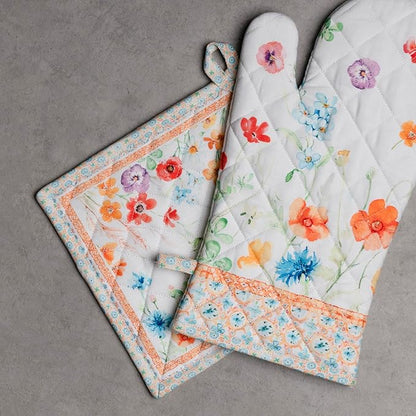 Maison d' Hermine 100% Cotton Oven Mitt & Pot Holder Set (7.5"x13" & 8"x8") Heat Resistant BBQ Cooking Gloves with Loop, Baking, Grilling, Kitchen, Handling Hot Pans Spring/Summer (Summer Whisper)