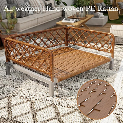 Small Dog Bed, Waterproof Elevated Dog Couch with Washable Removable White Cushion, Boho Rattan Dark Brown Wicker Orthopedic Pet Sofa for Outdoor, Indoor