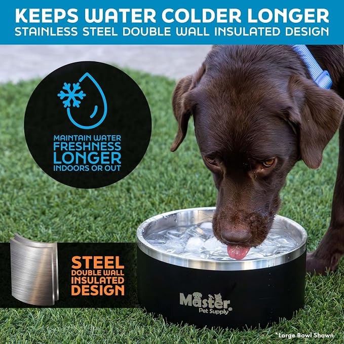 Master Pet Supply Stainless Steel Dog Bowls - 64 oz, Heavy Duty - Navy Blue, Double Wall Extra-Thick Insulated, Non-Slip Pet Water Bowl for Dogs, Cats & Pets, Anti Rust Metal, Dish Washer Safe