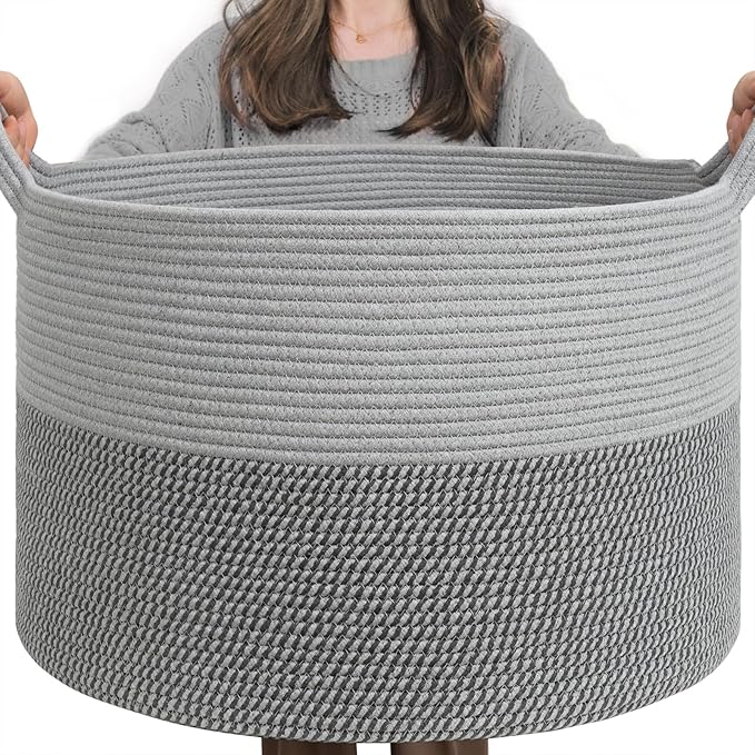 INDRESSME Extra Large Laundry Basket, Cotton Rope Blanket Basket for Nursery Living Room, Decorative Woven Storage Basket with Handles for Dirty Clothes, Toy Bin For Dog Toys, 21.7 x 13.8 inches, Grey