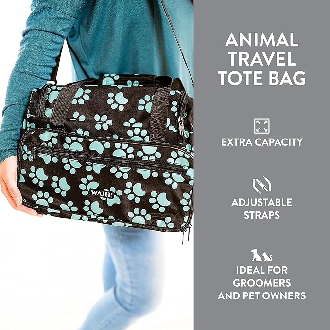 WAHL Professional Animal Travel Tote Bag with Zipper - Travel Bag - Storage Pack for Grooming Supplies - for Dog, Cat & Pet Groomers - 28.8 Inches, Turquoise Paw Print Design (#97764-300)
