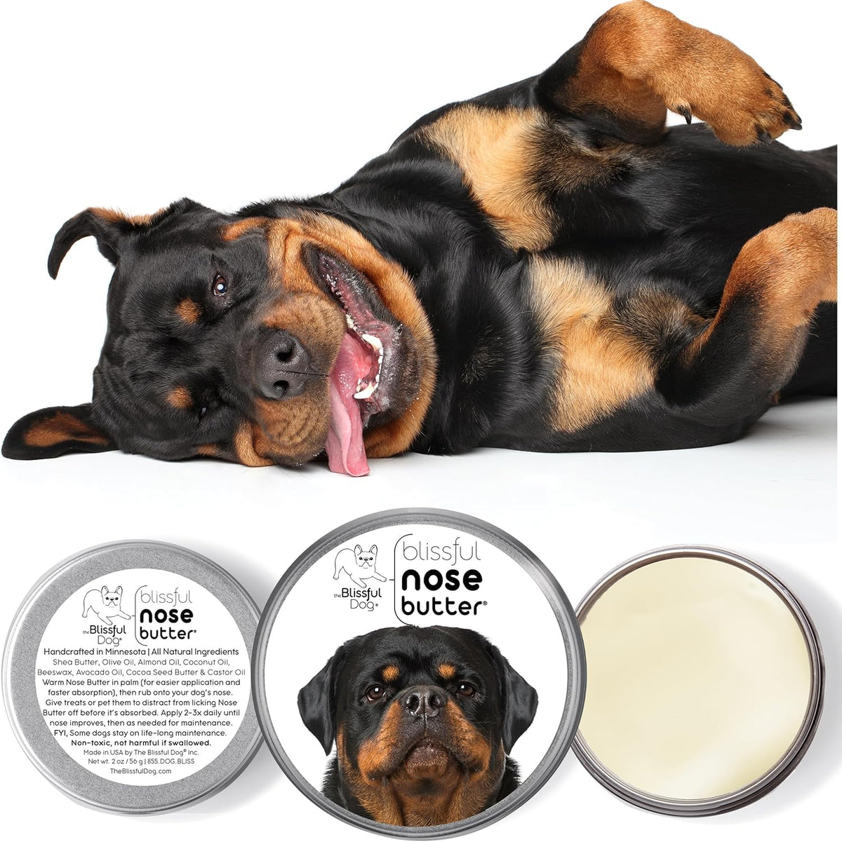 The Blissful Dog Rottweiler Nose Butter for Dry, Cracked Skin, Lick-Safe Dog Nose Balm with Moisturizing Shea Butter, Almond, Olive, and Essential Oils, Pet Supplies, Uncented, 1 oz.
