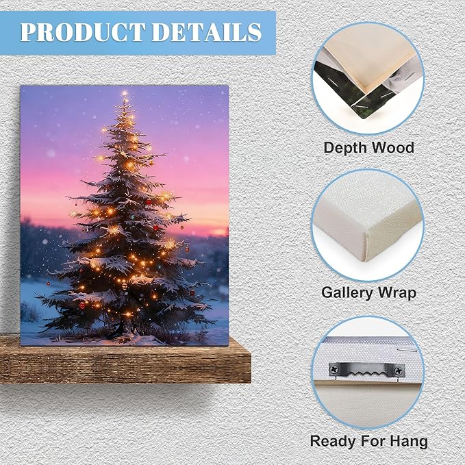 Framed Christmas Pictures Wall Decor,Vintage Pine Tree Prints,Winter Christmas Canvas Wall Art Decoration for Bedroom Bathroom Living Room Rustic Xmas Holiday Gifts (Christmas Tree 12, 12'' X 16'')