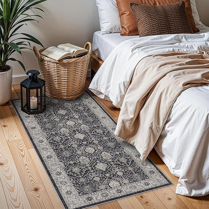 Entryway 2x4 Washable Area Rug: Oriental Stain Resistant Kitchen Runner Rugs Farmhouse Ultra Soft Bathroom Bedroom Print Floor Mat Thin Non Slip Indoor Carpet for Living Room Laudry Room(2x4,Black)