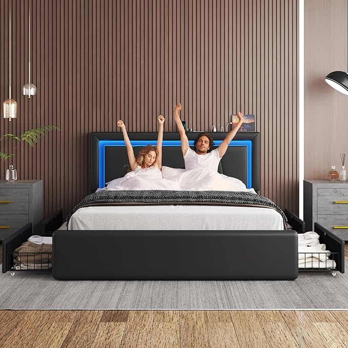 Full Size Bed Frame with 4 Storage Drawers and LED Lights, Upholstered Platform Bed with Adjustable Headboard and Charging Station, Metal Slats Support, No Box Spring Needed,Easy Assembly, Black
