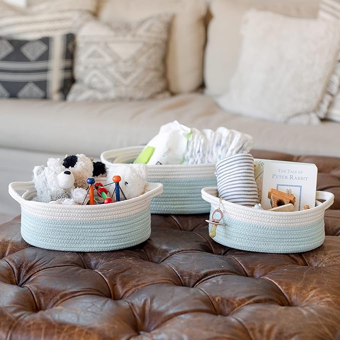 NaturalCozy 3-Piece Oval Storage Basket Set– Soft Natural Rope Woven Baskets for Storage Shelf, Toy, Nursery, Gift, Baby Shower, Pets Cat Dog Bins | Small Basket for Organizing (Off White Turquoise)