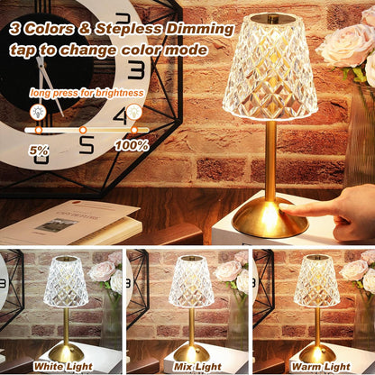 Liliful 2 Pcs LED Portable Cordless Table Lamp Touch Battery Operated Rechargeable Desk Lamp 3 Color Dimmable for Bedroom Living Room Dining (Diamond Style,Gold)