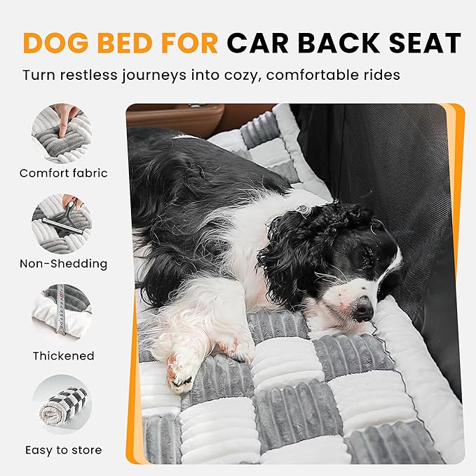 Backseat Dog Bed Mat, Non-Slip Dog Bed for Car Back Seat, Soft & Cozy Dogs Blanket, Washable Travel Pet Mat Seat Protector for Cars, SUVs, Trucks (Grey/White, 51.1" L x 23.6" W x 1.5" Th)