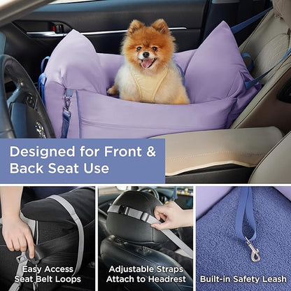 Lesure Small Dog Car Seat for Small Dogs - Waterproof Dog Booster Seat for Car with Storage Pockets and Clip-On Safety Leash and Thickened Memory Foam Filling, Puppy Travel Carrier Bed, Lavender Fog