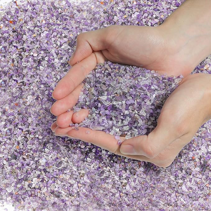 T4U Tumbled Chips Stones Crushed Crystal Quartz 1 LB, Irregular Shaped Gravels Pebbles Healing Stones, DIY Smoothed Rock for Potted Plant,Resin Art,Vase Fillers Aquarium Gravel Rocks (Amethyst)