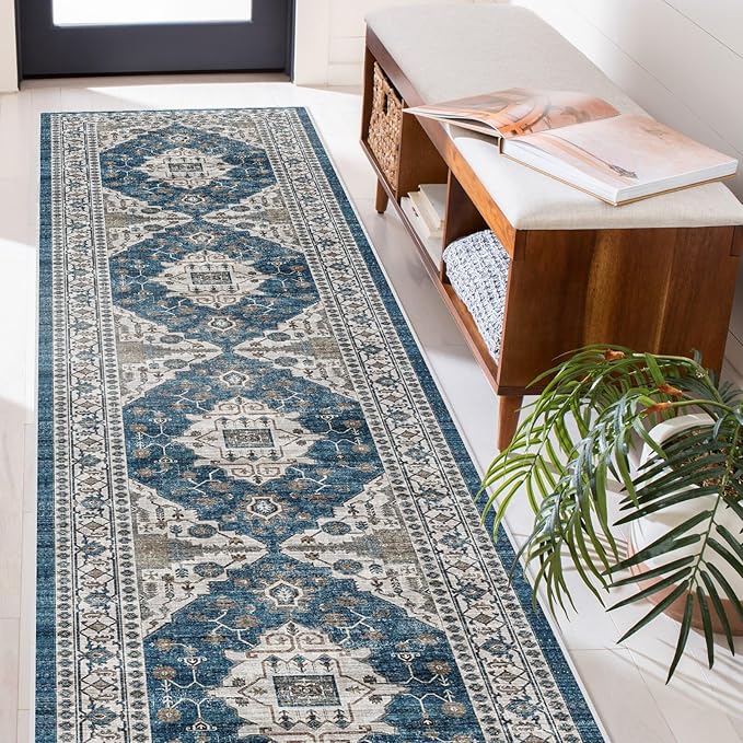 Hallway Washable Runner Rug - 2'6x14 Kitchen Rugs Entryway Rug Runner Vintage Soft Floor Mat Non Slip Indoor Farmhouse Carpet for Bathroom Living Room Bedroom (2'6''x14', Blue)