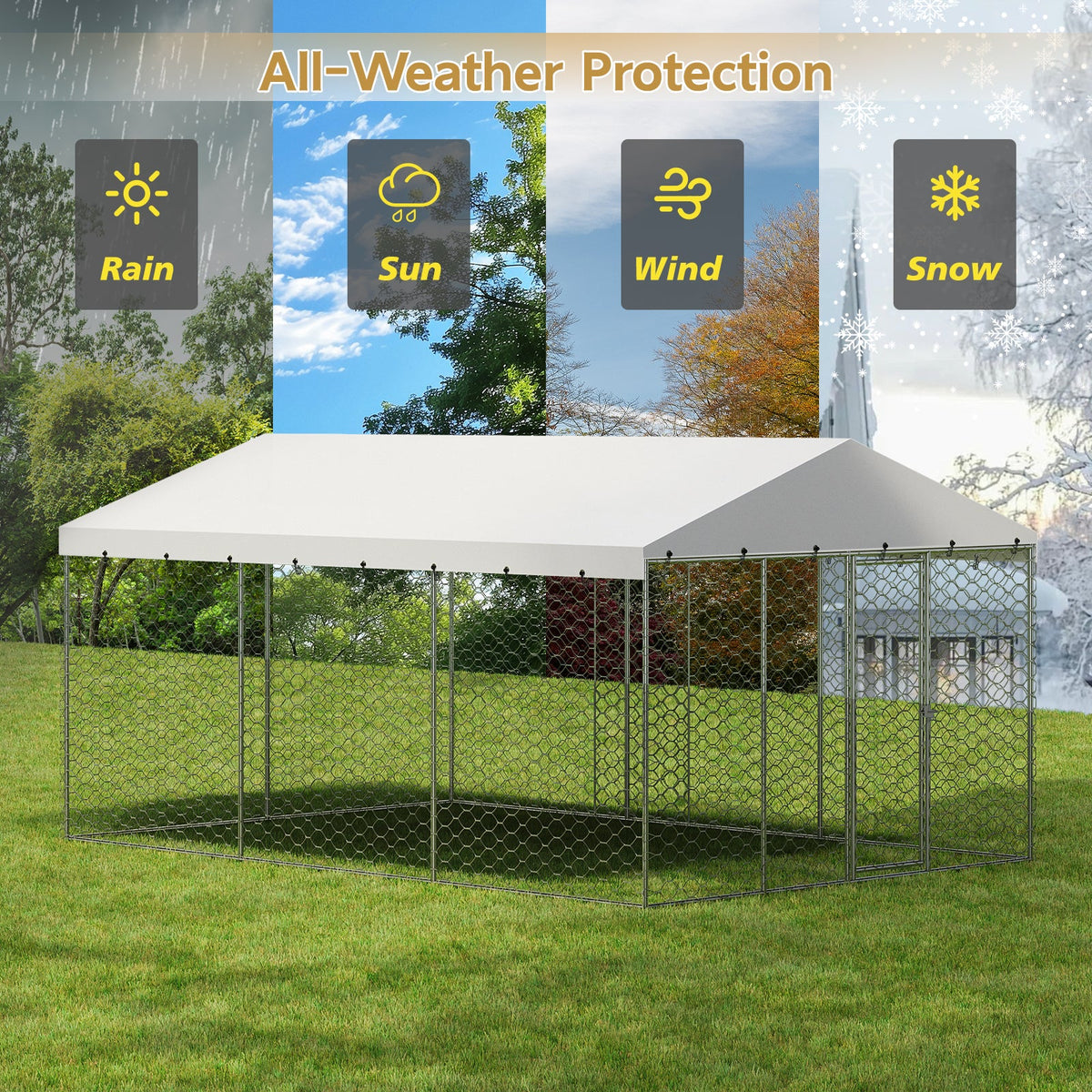 15x10 FT Large Outdoor Dog Kennel with Canopy, Heavy Duty Galvanized Steel Frame, Waterproof Cover, All-Weather Protection, Escape-Proof Lockable Pet Playpen for Large Dogs, Multiple Animals.