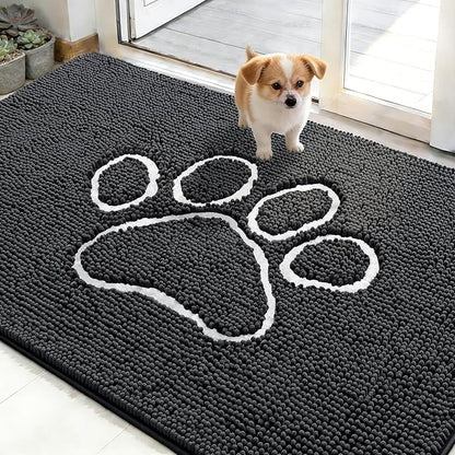 OLANLY Dog Door Mat for Muddy Paws 48x30, Paw Print Design, Absorbs Moisture and Dirt, Absorbent Non-Slip Washable Doormat, Quick Dry Chenille Mud Mat for Dogs, Entry Indoor Entryway Carpet, Dark Grey