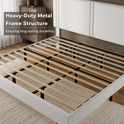 iPormis King Platform Bed Frame with Velvet Upholstered Headboard & Thickened Legs, Mattress Foundation with Solid Wooden Slats Support, No Box Spring Needed, Noise Free, White