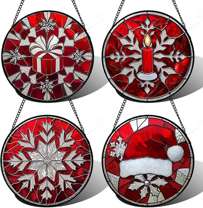 Stained Glass Window Hanging 4 Pcs Set Red Christmas Decorations Theme 9.8" - Suncatcher Door Garden Sun Catcher Decor Birthday for Mom Woman Nana Men Friend Wife