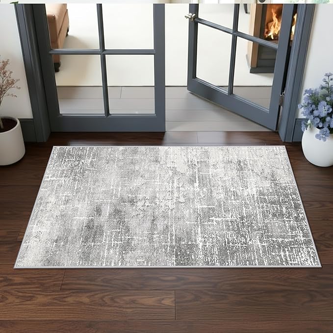 Washable 2x4 Entryway Area Rugs: Non-Slip Abstract Water Resistant Kitchen Rug Durable Doormat Soft Bedroom Carpet Indoor Low Pile Floor Mat for Bathroom Dining Room Hallway Runners(2x4,Light/Grey)