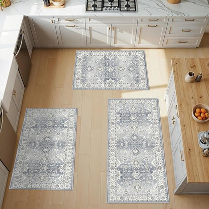 4 Pieces Kitchen Rug Set: Washable Farmhouse Non-Slip Kitchen Sink Floor Mats Easy Clean Water-Resistant Runners for Hallway Bathroom Soft Decorative Carpet for Pet Feeding Area(2x3+2x4+2x5+2x6,Grey)